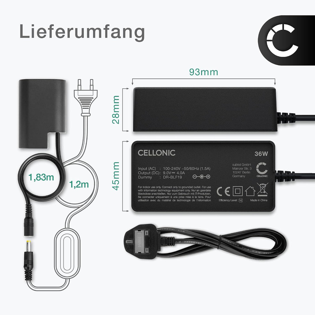 subtel® Netzteil DMW-AC8 + DMW-DCC12 für Panasonic Lumix DMC-GH3 DMC-GH4 DC-GH5 GH9 Kamera, Camcorde