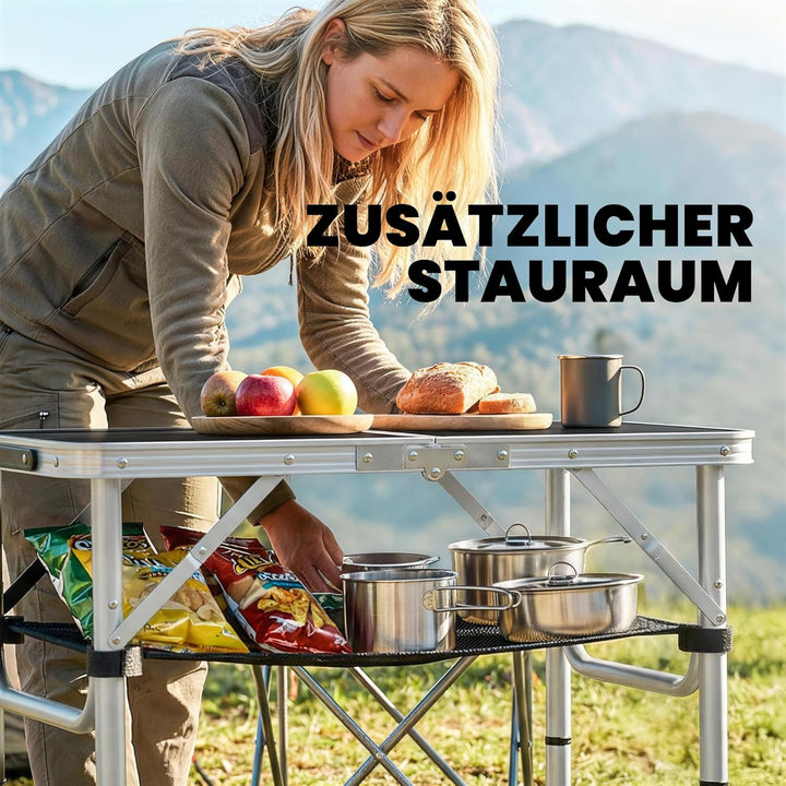 Outsunny Campingtisch Klapptisch mit Netzfach, 4 Höhenverstellungen, Tragegriff Gartentisch aus Alum