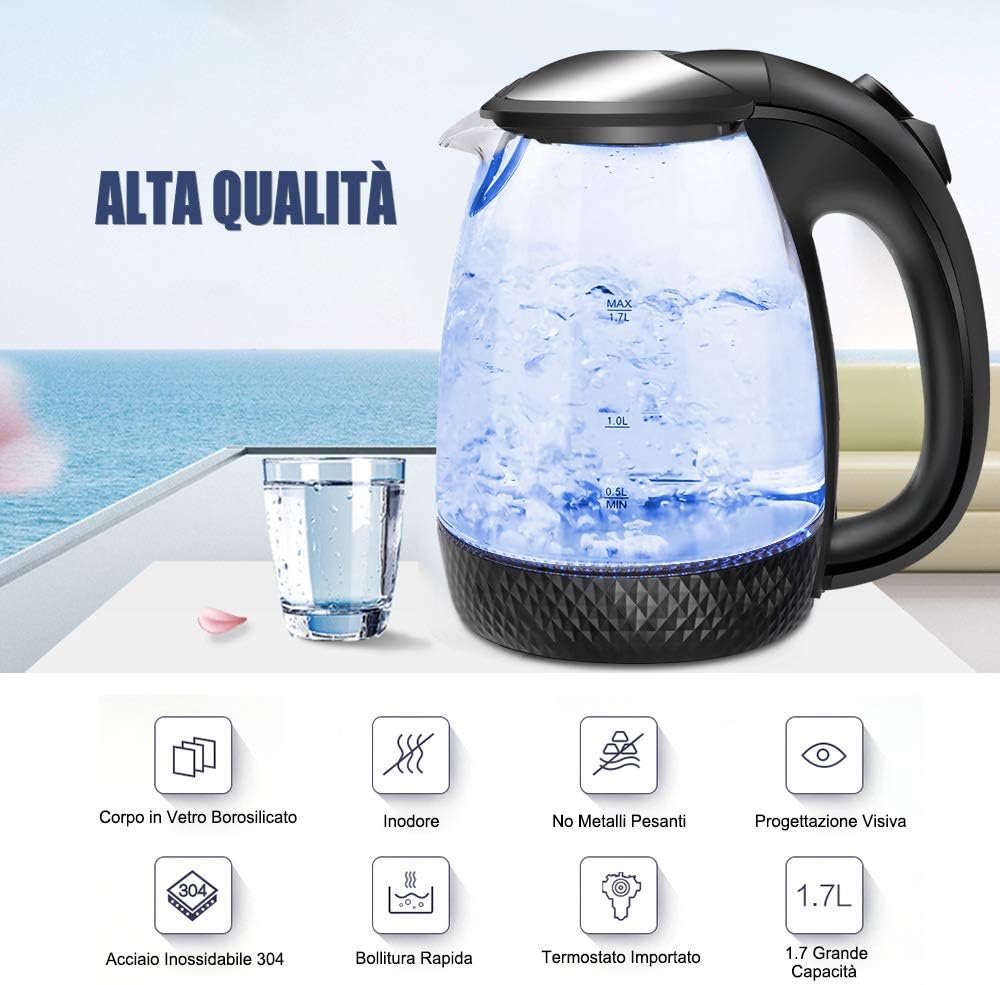 EXTRASTAR Elektrischer Wasserkocher aus Glas mit blauem LED-Licht, bpa, automatischer Abschaltung un