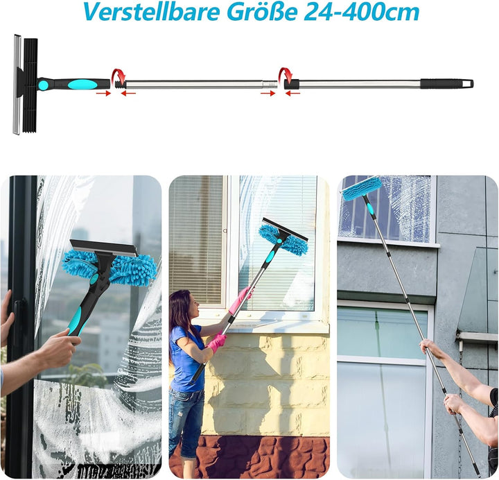 4 in 1 Teleskop Fensterwischer Abzieher Set,24cm~390cm Extra Lange Fensterputzer Set,1 Stauber,3 Mik