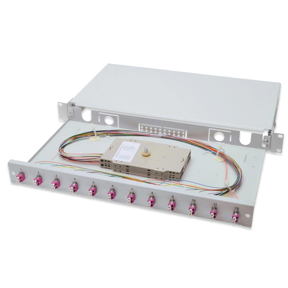 DIGITUS LWL Spleissbox 12 Kupplungen - LC - OM4 - 1HE 19-Zoll - Multi-Mode Duplex - Mit Spleiss-Kass