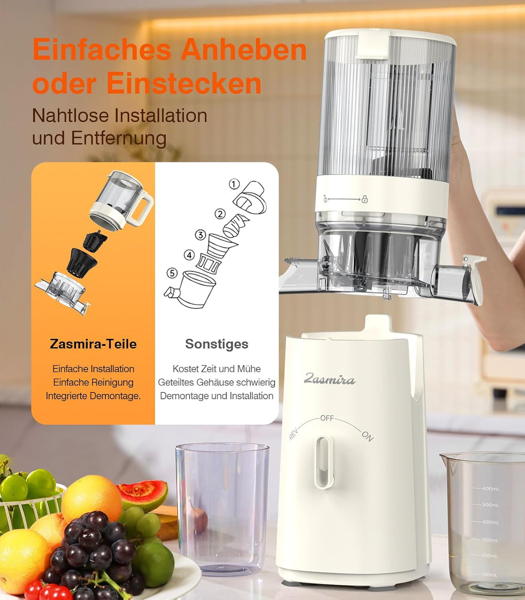 Zasmira Entsafter Slow Juicer mit hohem Drehmoment und 120MM-Einfüllschacht, Kein Vorschneiden entsa