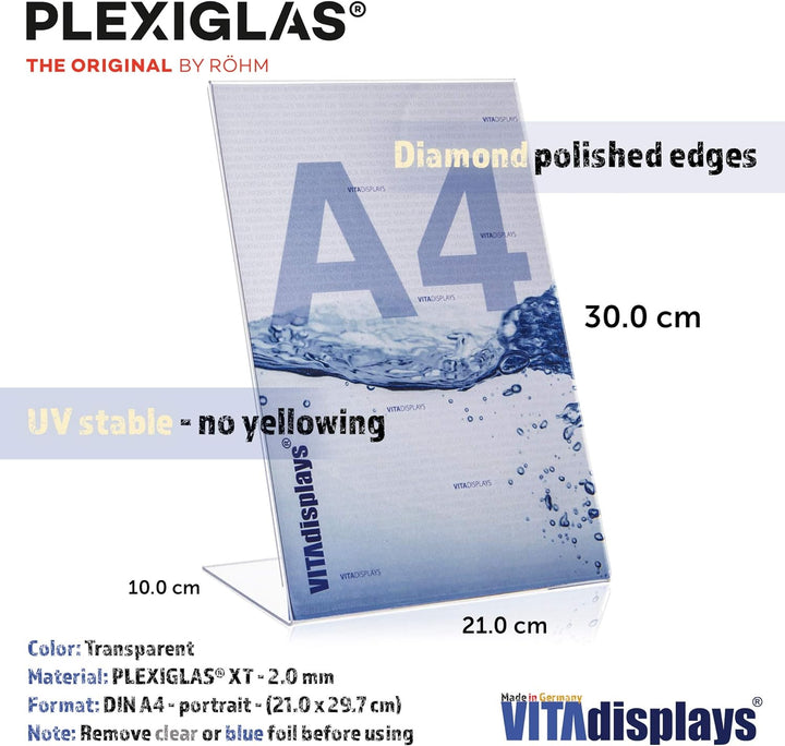 VITAdisplays® 10 × NE-380L, DIN A4 Tischaufsteller/Werbeaufsteller/schräg im 10er-Pack, Transparent