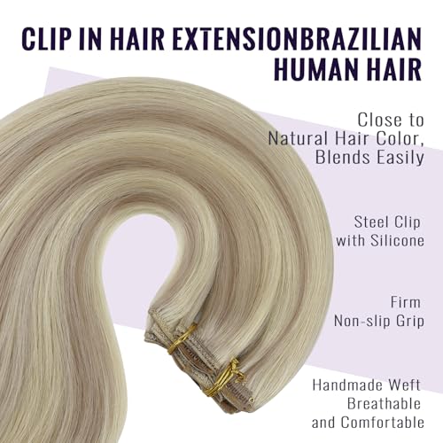 Fshine Echthaar Extensions Clip 35cm 120g Aschblondes Highlight mit Bleichblond Clip in Extensions E