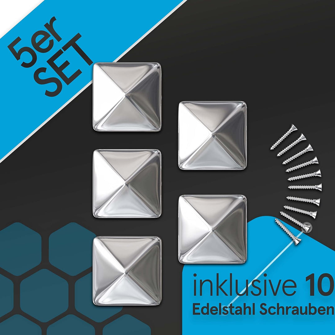 TOOLCORE® Pfostenkappen 9x9cm Edelstahl [Perfekter Schutz] 5 Stück inkl. Edelstahl Schrauben - Rostf
