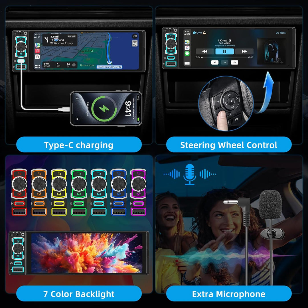 1 DIN Bluetooth Autoradio mit Bildschirm, Single DIN Auto Radio mit Wireless Apple CarPlay Android A