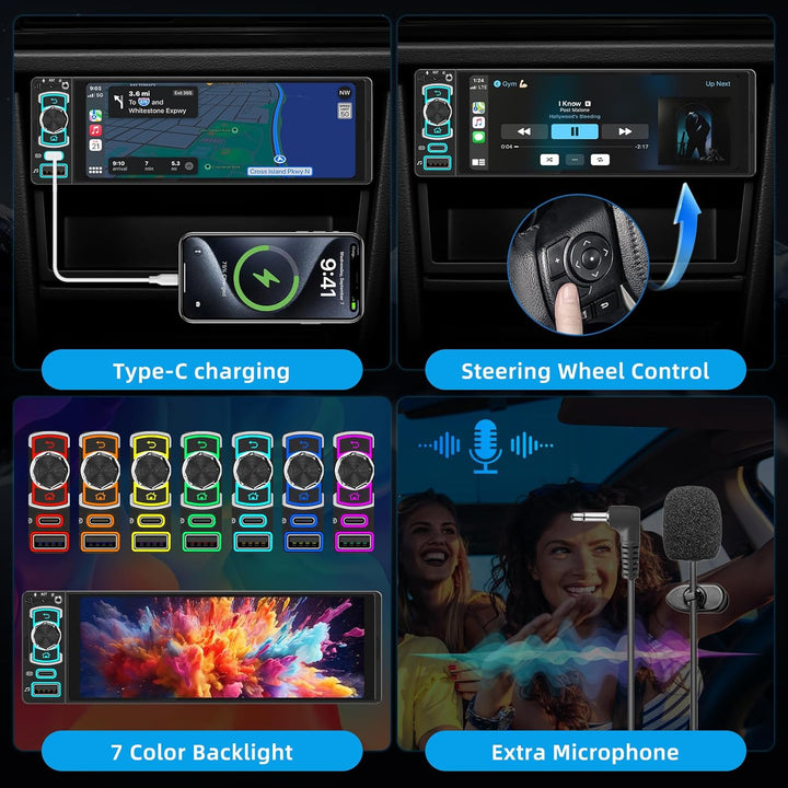 1 DIN Bluetooth Autoradio mit Bildschirm, Single DIN Auto Radio mit Wireless Apple CarPlay Android A