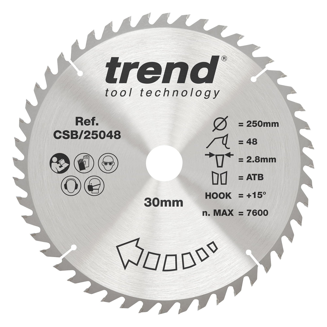 Trend CraftPro Kombinations-TCT-Kreissägeblatt, 250 mm Durchmesser x 48 Zähne x 30 mm Bohrung, Hartm