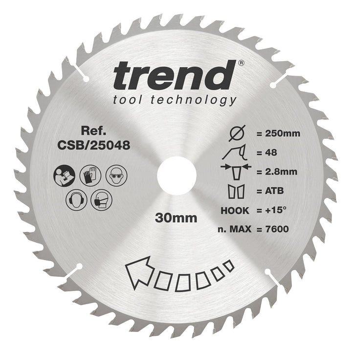 Trend CraftPro Kombinations-TCT-Kreissägeblatt, 250 mm Durchmesser x 48 Zähne x 30 mm Bohrung, Hartm