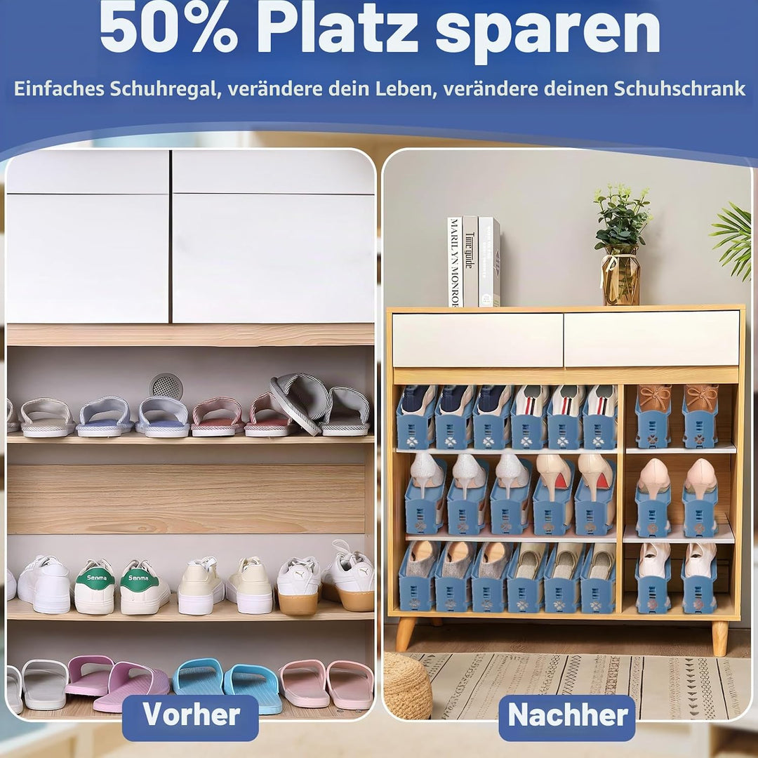 10 Stück Einstellbare Schuhregale,PP Doppelschicht Schuhstapler,3 Höhenverstellbar,Schuhschlitz Orga