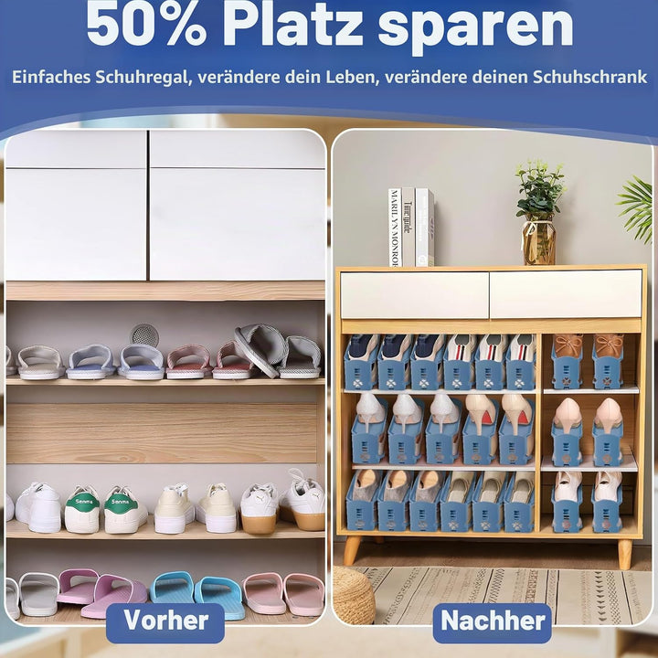 10 Stück Einstellbare Schuhregale,PP Doppelschicht Schuhstapler,3 Höhenverstellbar,Schuhschlitz Orga