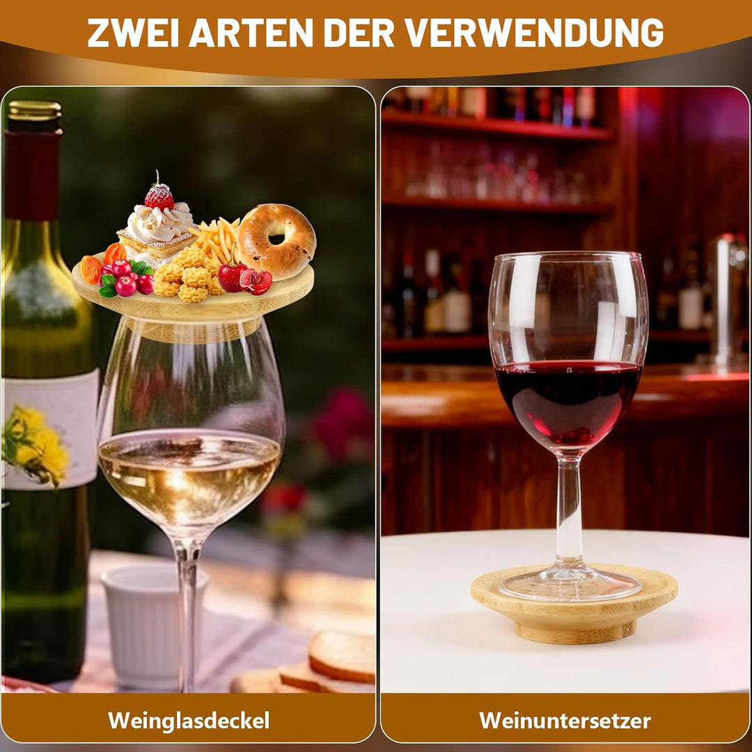 8 Stück Weinglas Topper Holz, Wine Glass Charcuterie Topper mit 2 Halterungen, Bambus Weinglas Toppe