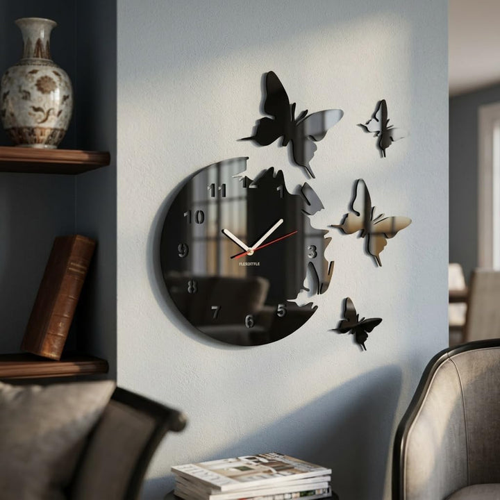 Grosse moderne Wanduhr Schmetterling Schwarz rund 30cm, 3d DIY, Wohnzimmer, Schlafzimmer, Kinderzimm