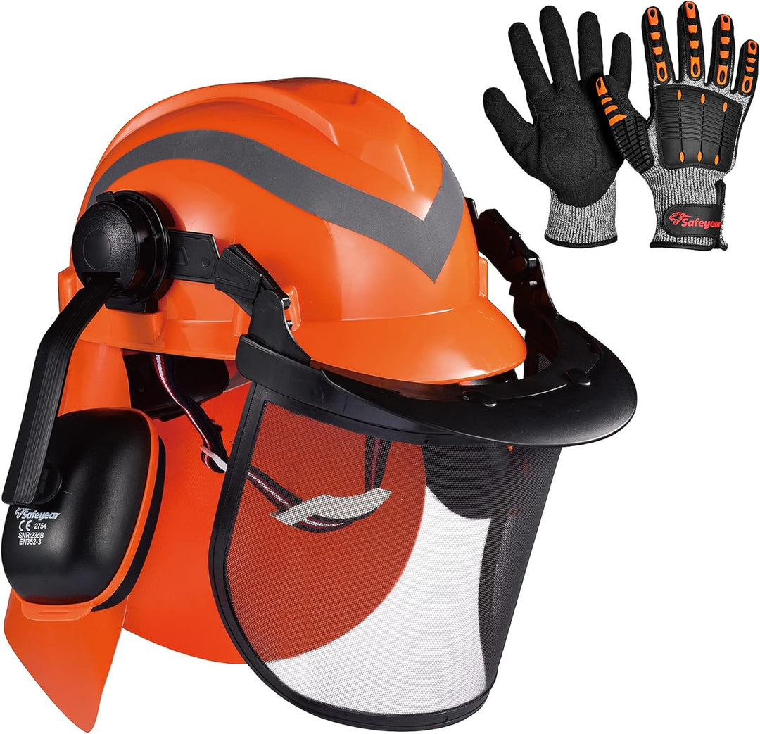 SAFEYEAR Pro Forst-Kettensägen-Schutzhelm mit verstellbaren 27SNR-Ohrenschützern und Mesh-Visier. EN