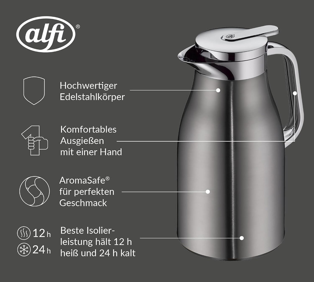 alfi SKYLINE 1,0l, cool grey mat, Edelstahl-Isolierkanne mit hygienischem Hartglaseinsatz, Drehversc