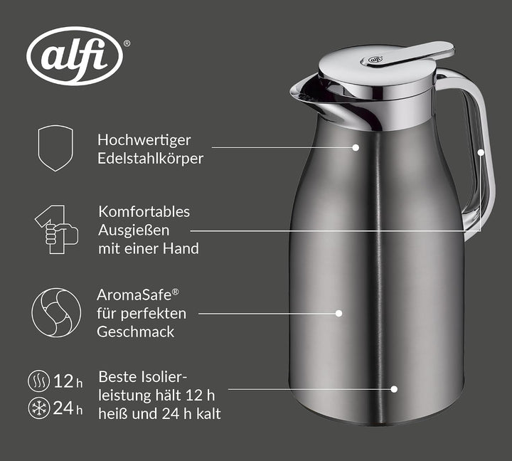 alfi SKYLINE 1,0l, cool grey mat, Edelstahl-Isolierkanne mit hygienischem Hartglaseinsatz, Drehversc