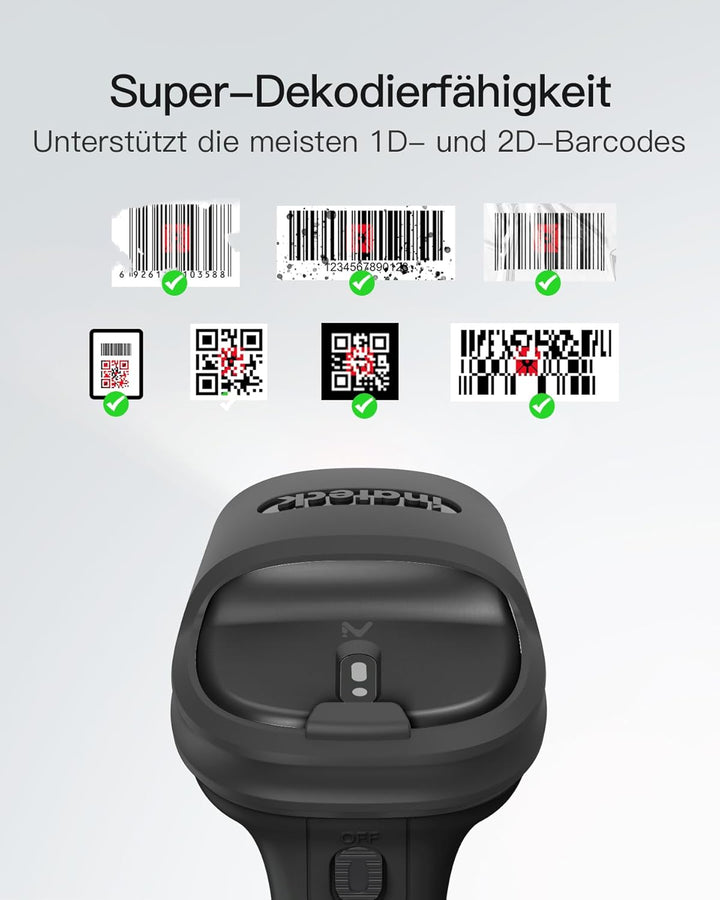 Inateck Barcode Scanner 2D Bluetooth, Kabellose QR Code Scanner, Wireless Handscanner mit AI APP & S
