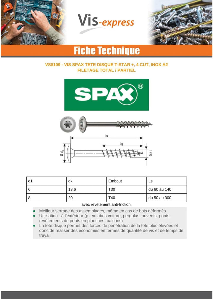 SPAX Holzbauschraube aus Edelstahl rostfrei A2, 6,0 x 80 mm, 100 Stück, T-STAR plus, Tellerkopf, Tei