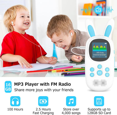 16GB Bluetooth MP3 Player Kinder, Niedlicher Hase Kinder Musik MP3 Player mit Kopfhörer & Lautsprech