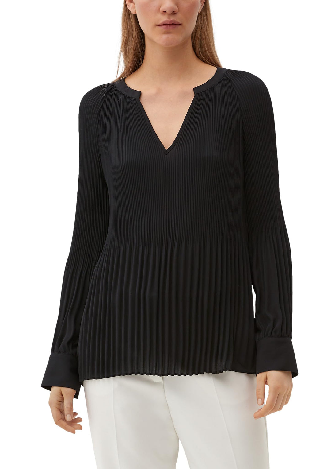 s.Oliver s.Oliver Black Label Damen Bluse – Plissee-Struktur, Tunika-Ausschnitt, Langarm – Elegant f