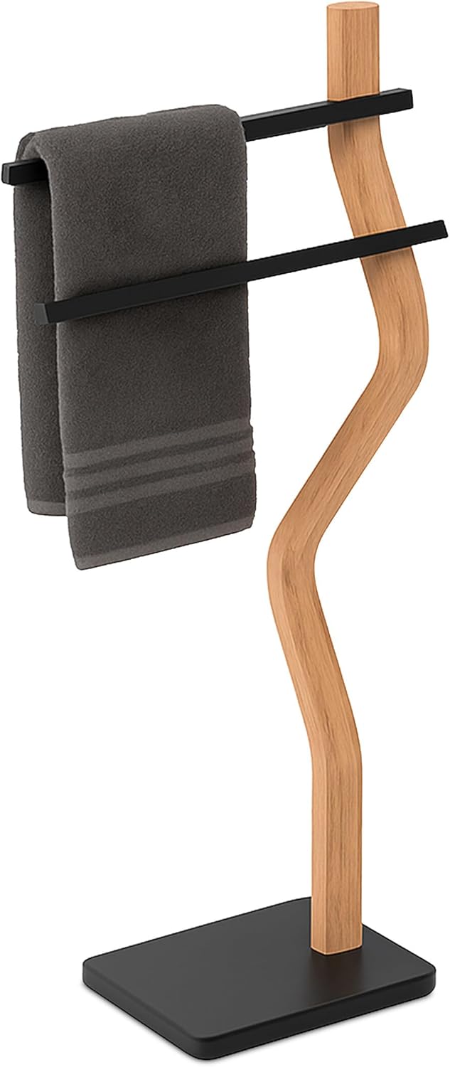 Relaxdays Handtuchständer, HxBxT: 86 x 37 x 18 cm, Metall, Holz, 2 Stangen, stehender Handtuchhalter