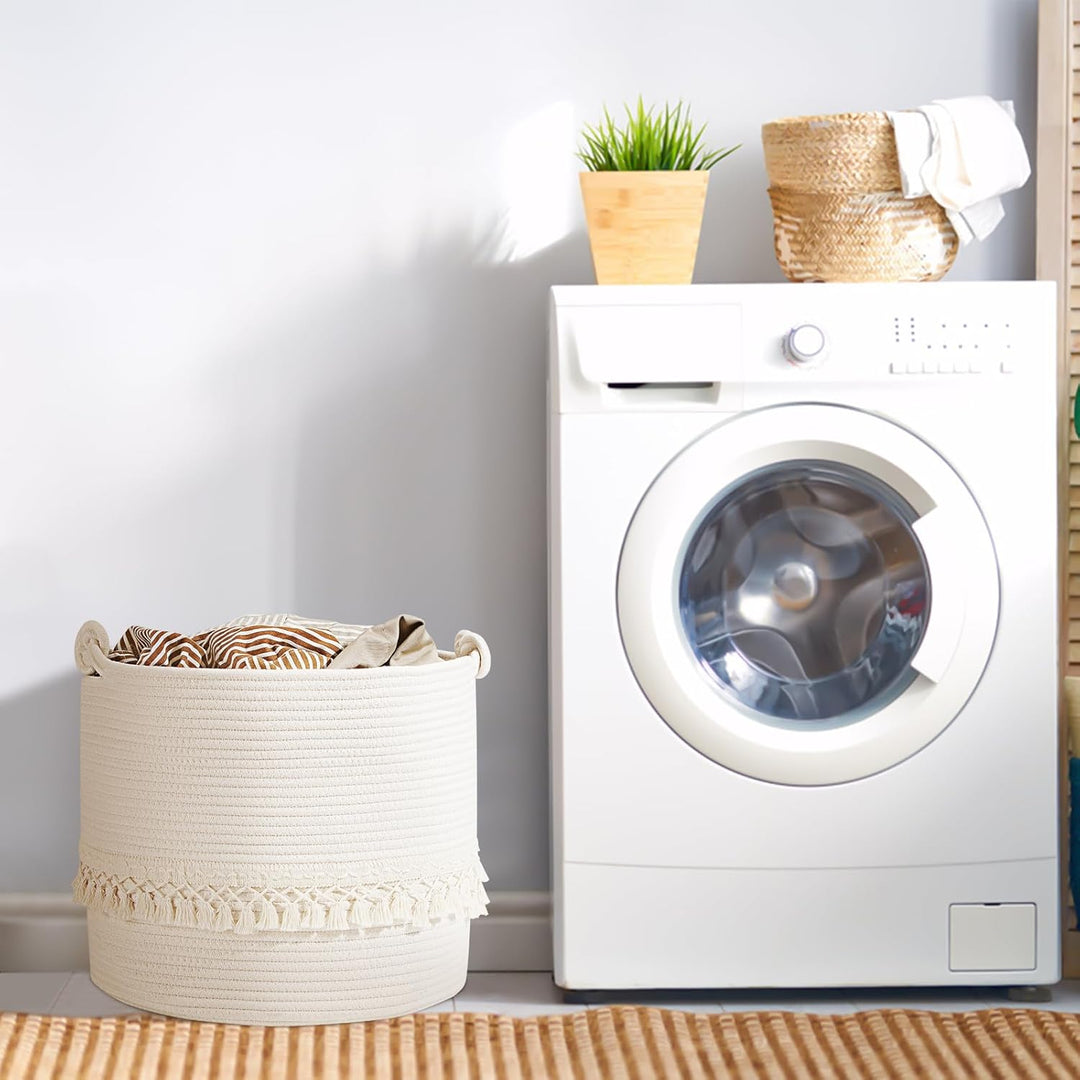 HDRNT Wäschekorb Geflochten aus Baumwolle,38L Wäschesammler mit Henkel,Pfandflaschen Aufbewahrung,Au