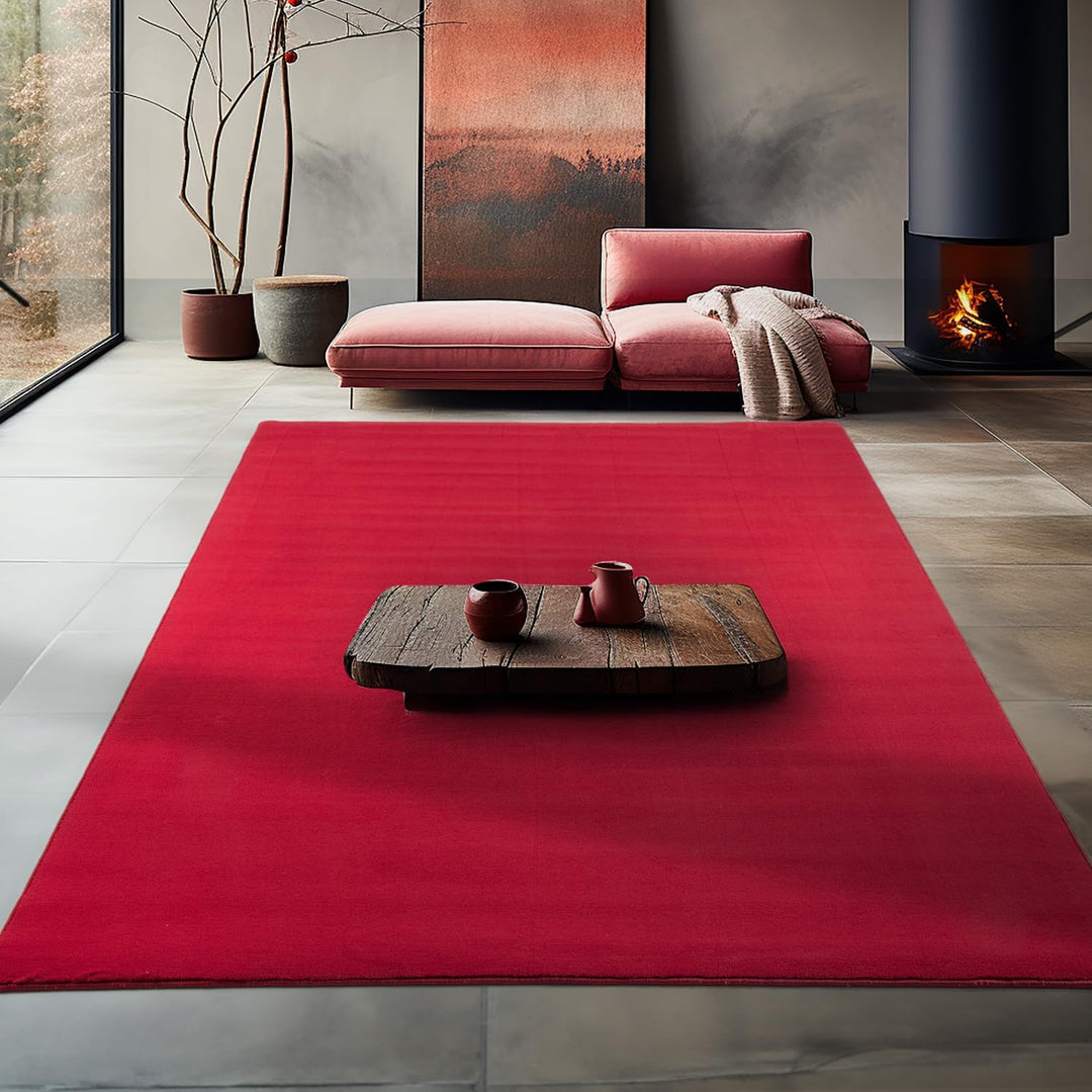 Waschbarer Teppich Wohnzimmer, Kurzflor rutschfest Flauschig Weich, Einfarbig Rot, Felloptik, Super