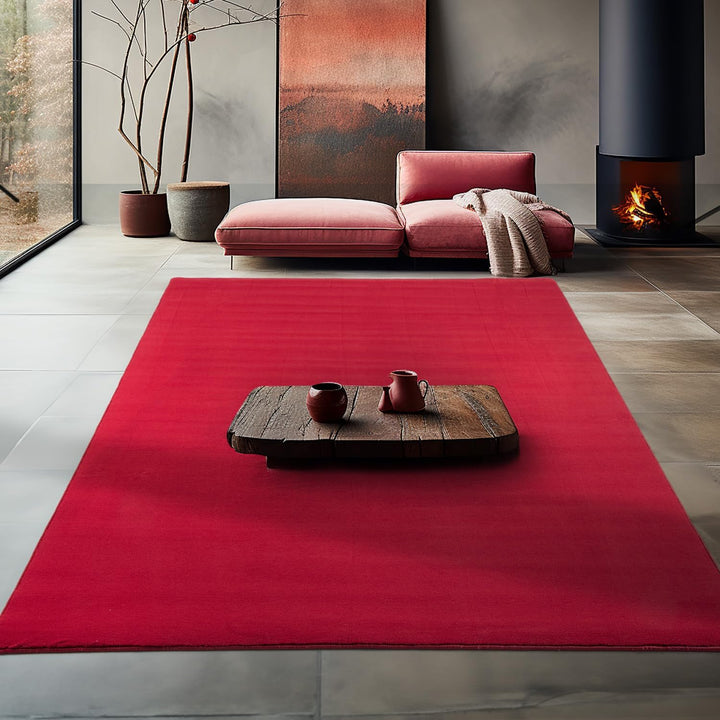 Waschbarer Teppich Wohnzimmer, Kurzflor rutschfest Flauschig Weich, Einfarbig Rot, Felloptik, Super