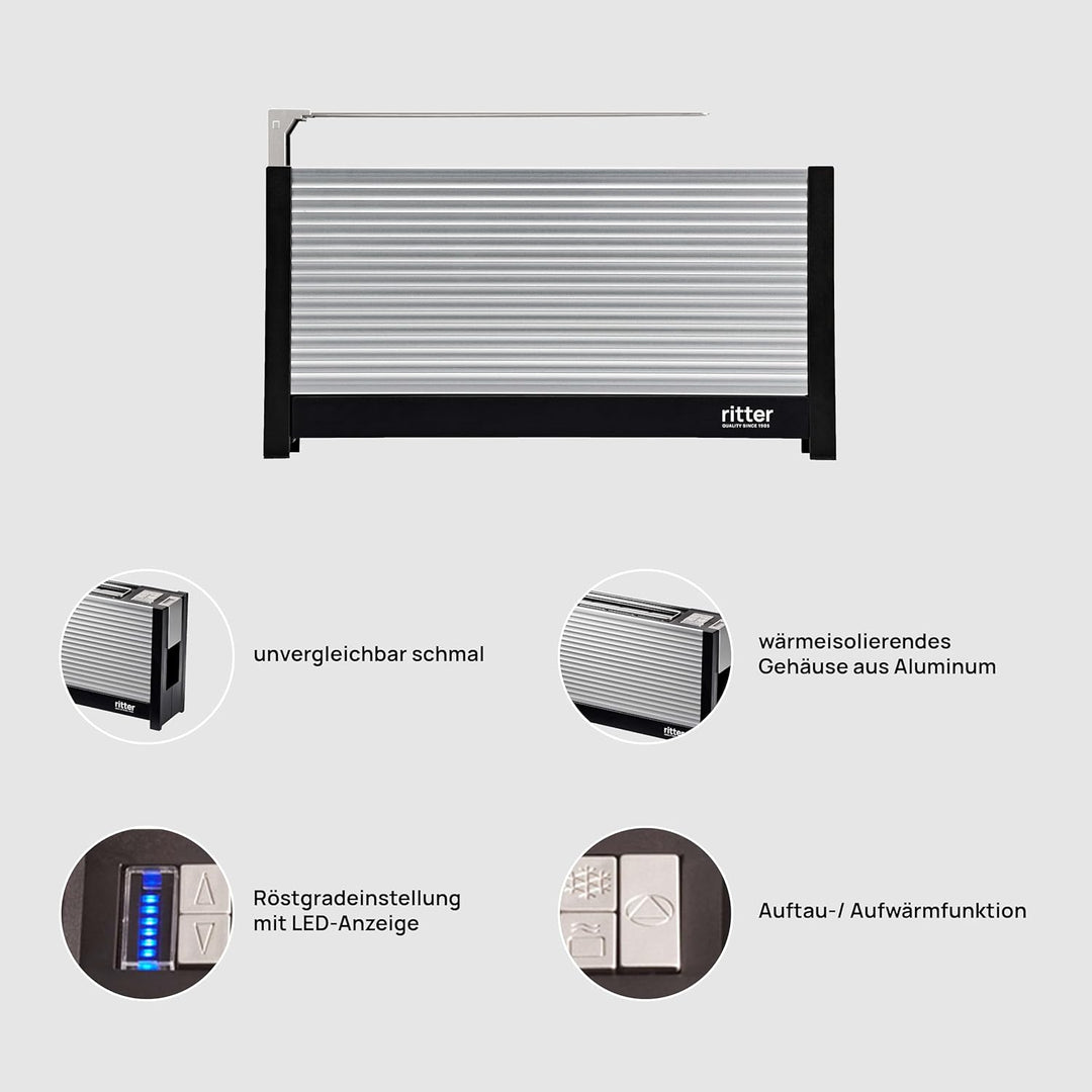 ritter volcano 3 Langschlitz Toaster mit Brötchenaufsatz, extra schmal, Made in Germany