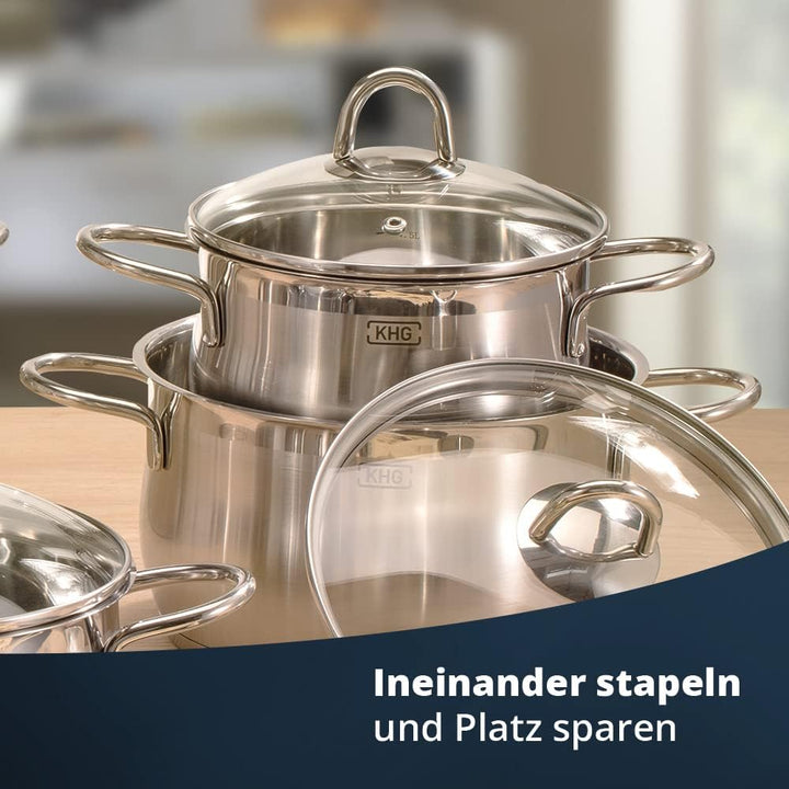KHG Topfset Induktion aus rostfreiem Edelstahl | 5-teilig inklusive Glasdeckel mit Dampfloch | Kocht