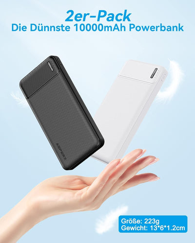 AsperX Power Bank 10000mAh 2 Stück,PowerBank USB C Output & Input Externer Akku Klein Aber Stark,Tra