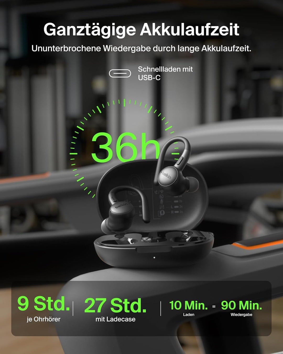 Belkin SoundForm ActiveFit In Ear Kopfhörer Kabellos Bluetooth mit Mikrofon, Schnellladen mit USB-C,