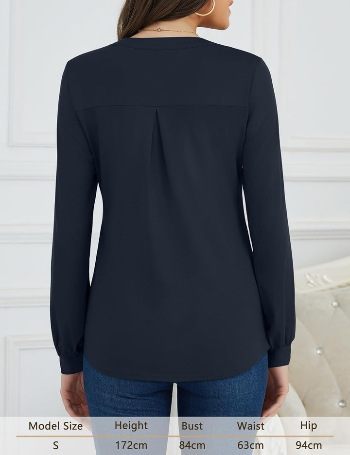 Beluring Langarmshirt Damen Elegant V Ausschnitt Tunika Bluse Einfarbig T-Shirt S Marineblau, S Mari