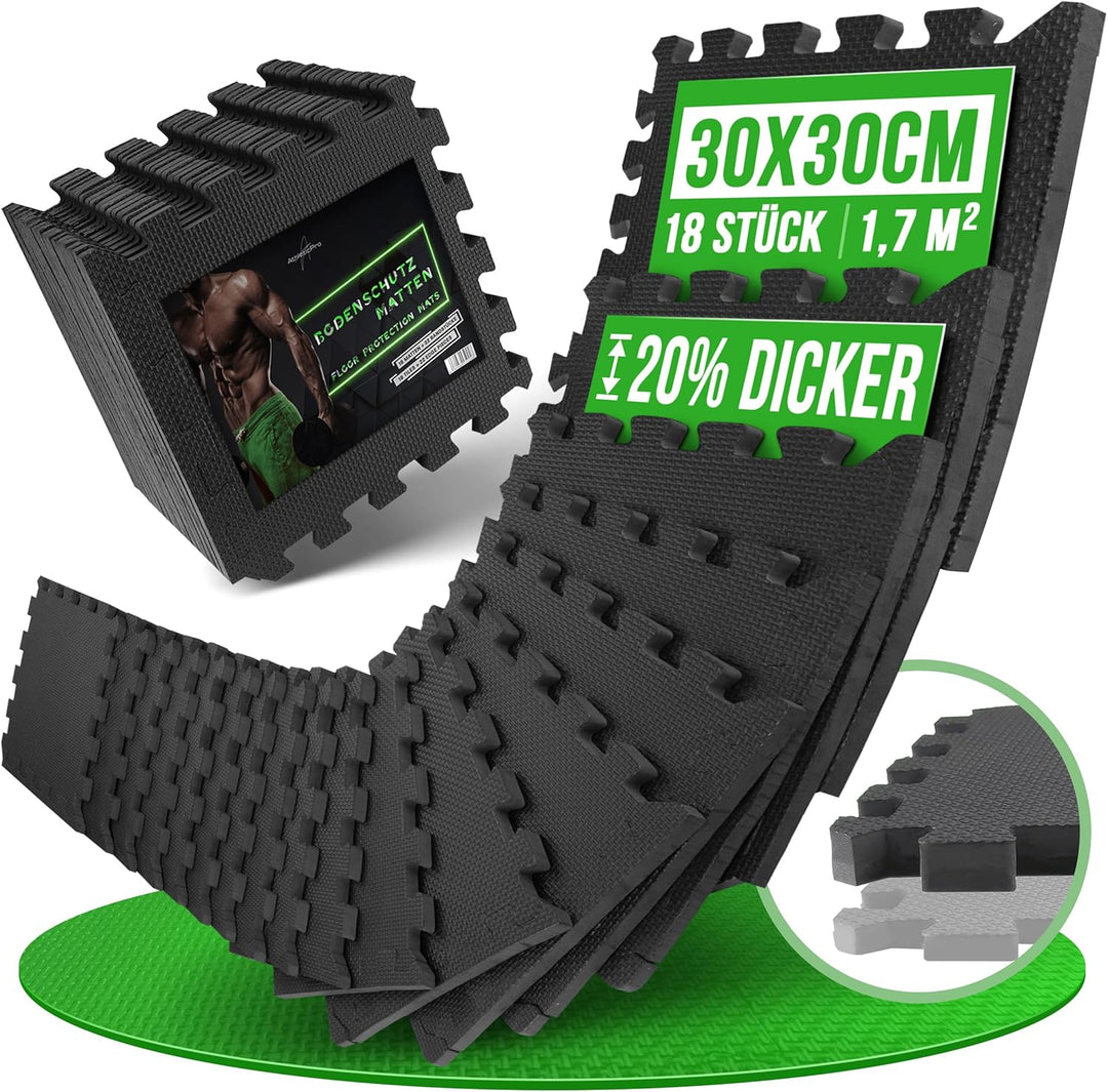 AthleticPro Bodenschutzmatte Fitness [31x31cm] - 18 extra Dicke Bodenmatten [20% mehr Schutz] - ruts