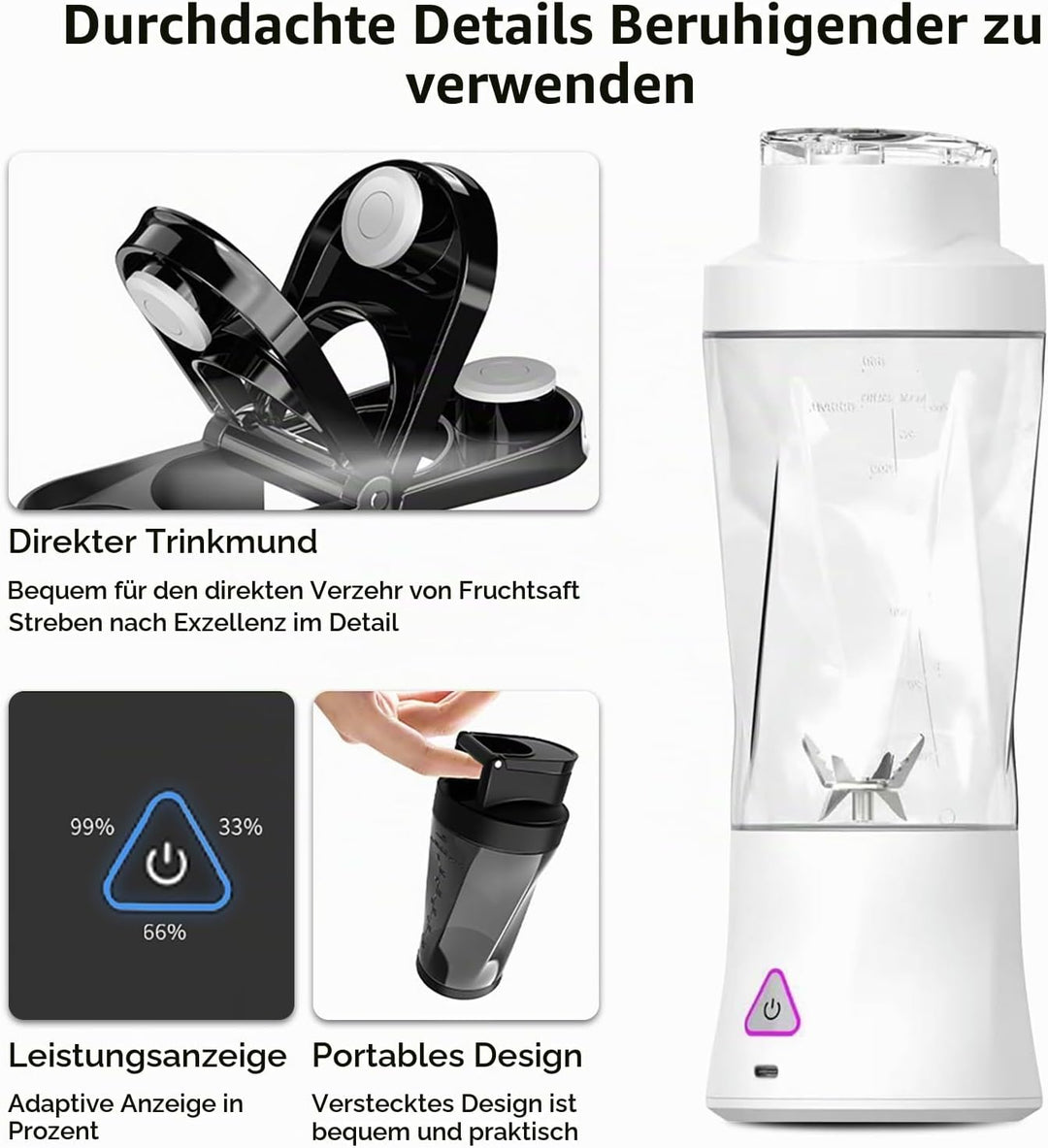 Smoothie Maker to Go, 700ml Tragbarer Mixer, Portable Blender mit 6-Klingen Edelstahl, Mini Mixer fü