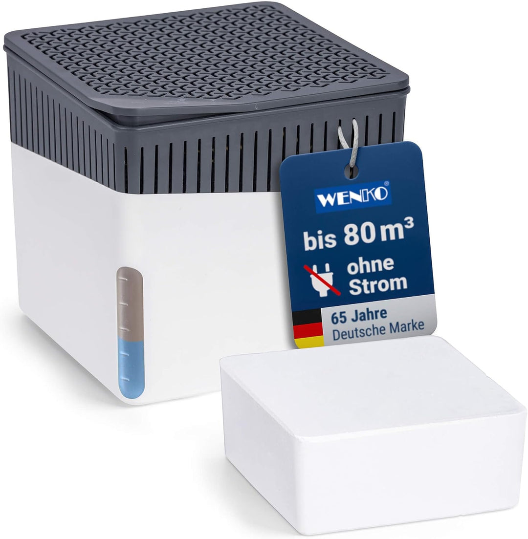 WENKO Raumentfeuchter Cube 1000 g weiss Luftentfeuchter reduziert Schimmel & Gerüche Auffangschale L
