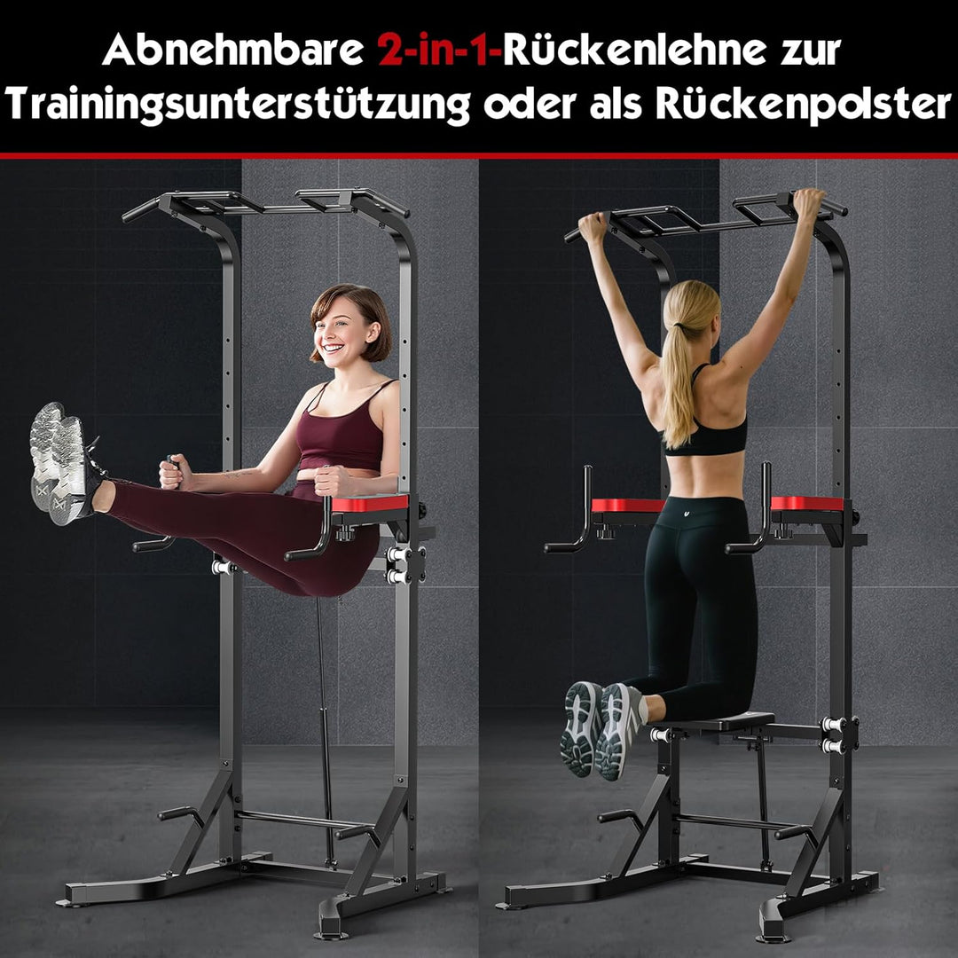 Power Tower freistehend mit Klimmzugstange – Höhenverstellbare Dip-Station (160–220 cm) mit Rückenst