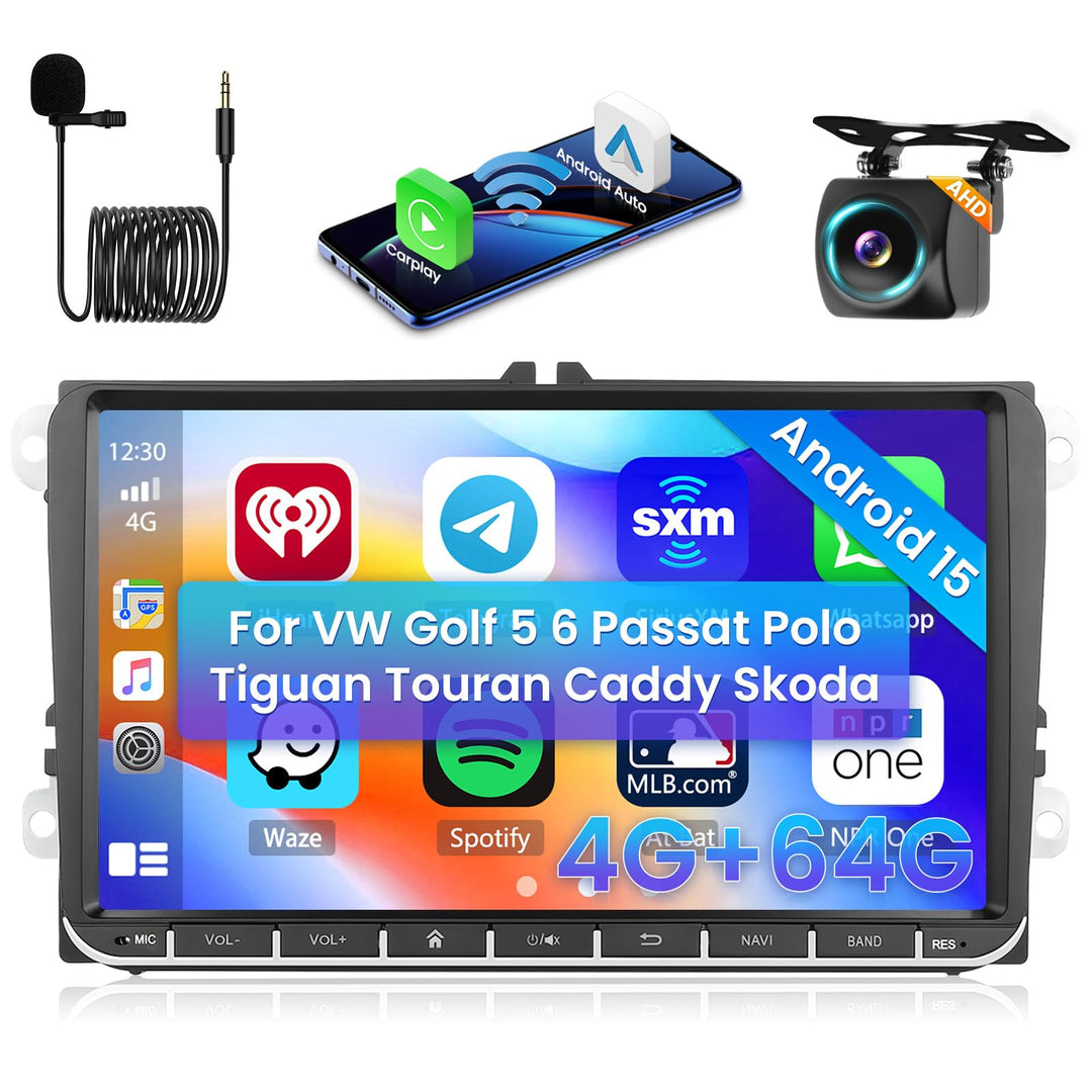 Hikity [4+64GB] Android 15 Autoradio, Wireless CarPlay Android Auto, für VW Golf 5 6 Passat Polo Tig