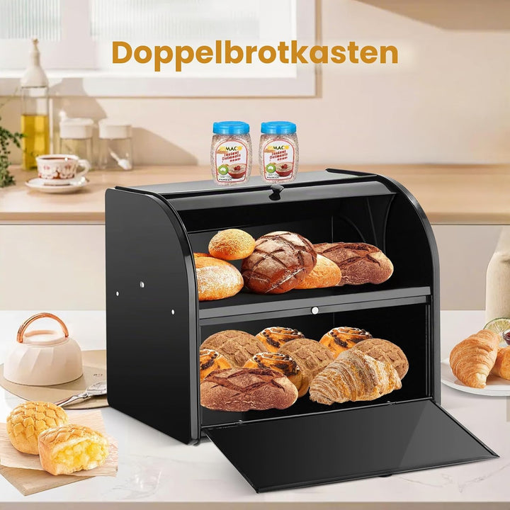 Edelstahl Brotkasten 2 Etagen mit Rolltop Deckel, extragrosser Brotbox Schwarz, Metall Brotbehälter