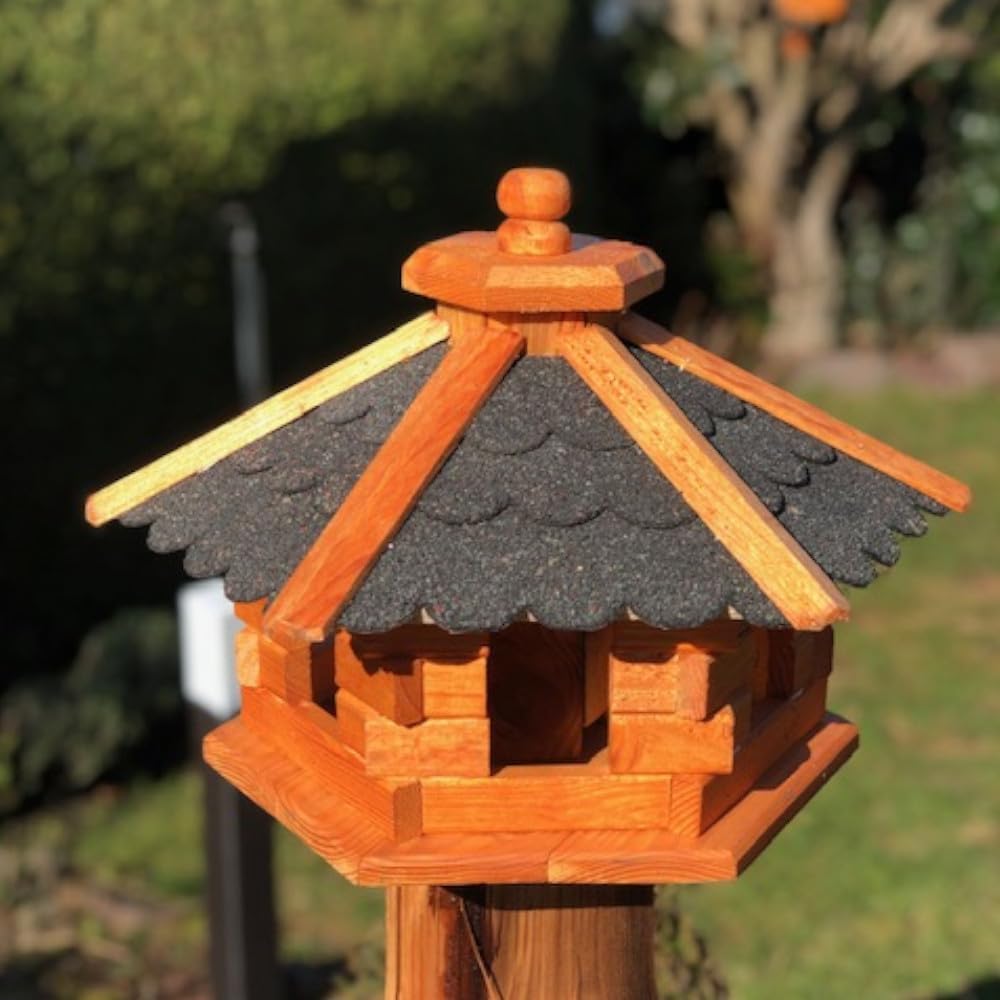DARLUX Handgefertigtes Sechseck Vogelhaus aus Holz wetterfest M - XXL mit und ohne Ständer, Futterha