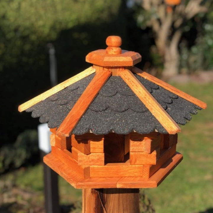 DARLUX Handgefertigtes Sechseck Vogelhaus aus Holz wetterfest M - XXL mit und ohne Ständer, Futterha