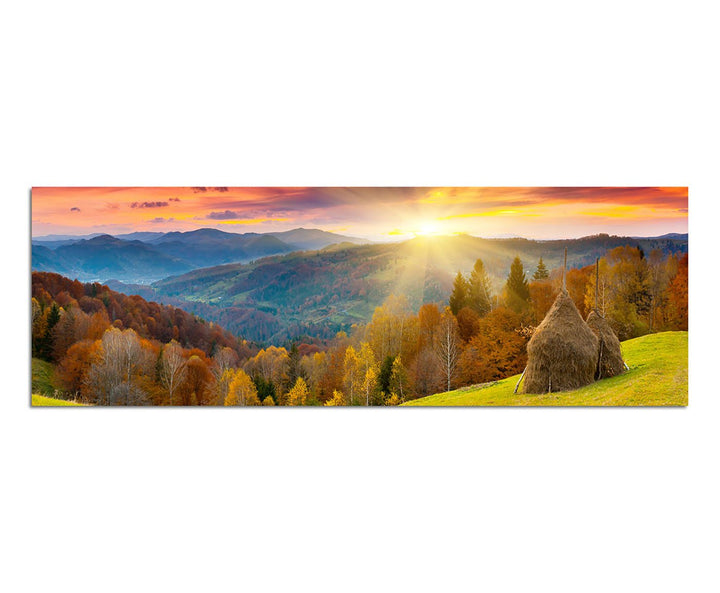 Paul Sinus Art Panoramabild auf Leinwand und Keilrahmen 150x50cm Herbstlandschaft Wald Wiese Sonnenu