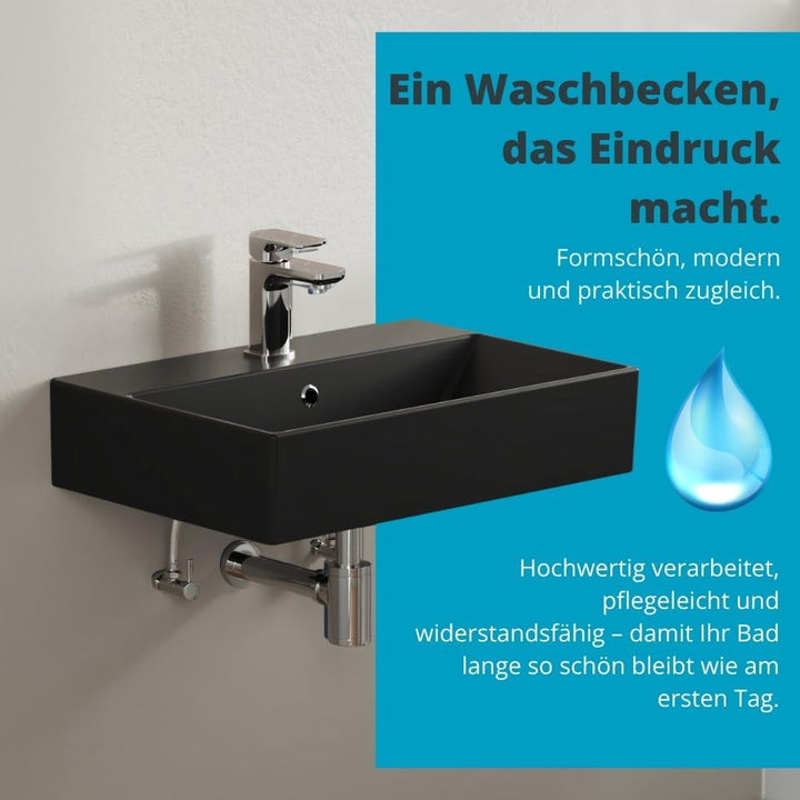 Aqua Bagno | Eckiges Design Waschbecken mit dünnem Rand, Trendfarbe schwarz matt, hochwertige Kerami