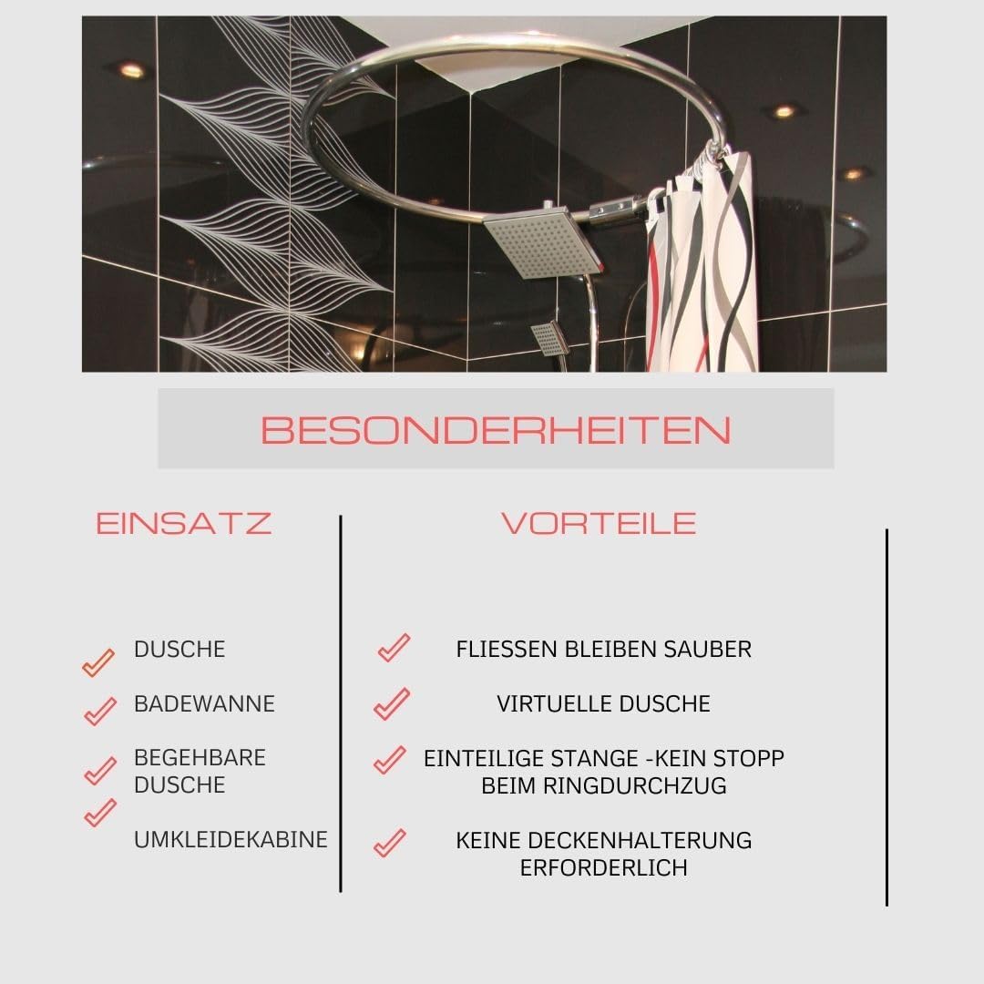 Ekershop Alu Ringstange Chrom Glänzend RUND Ø 80 cm Duschvorhangstange Winkelstange für Duschvorhang