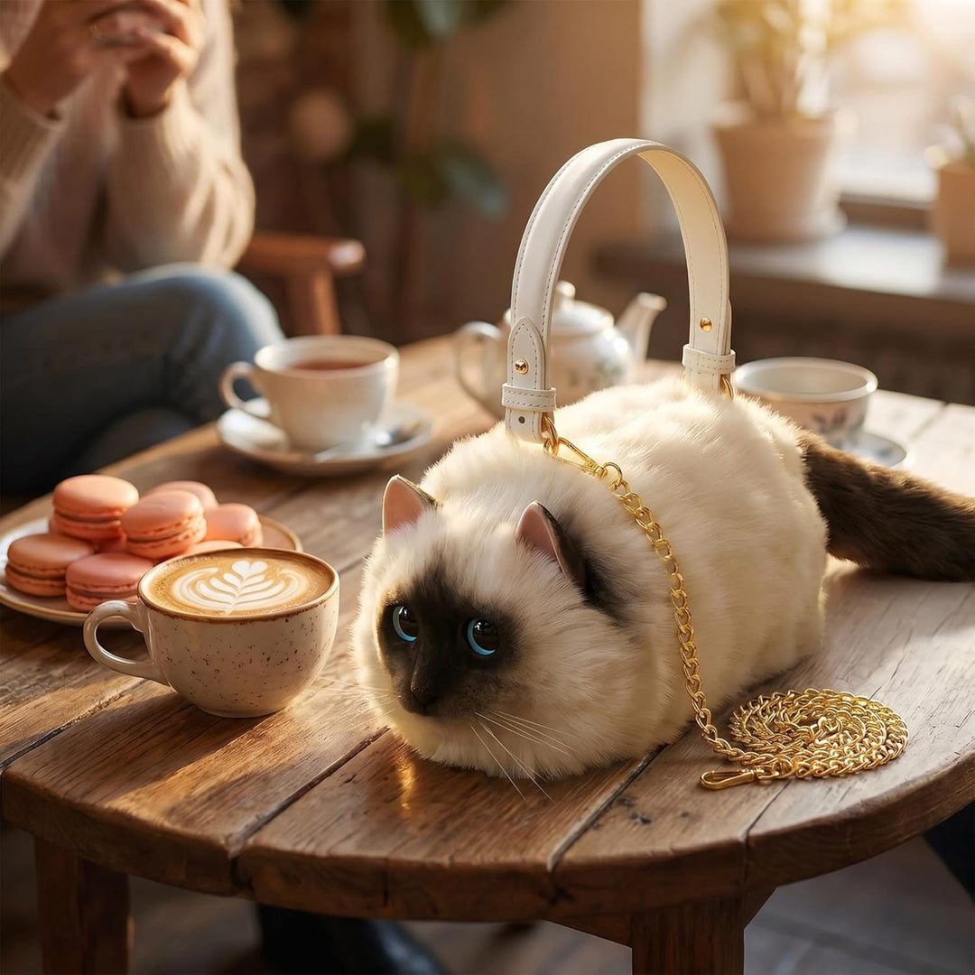 HUIJUFU Realistische Puffy-Plüsch-Katzentasche in Form einer Umhängetasche für Frauen (Siamkatze), S