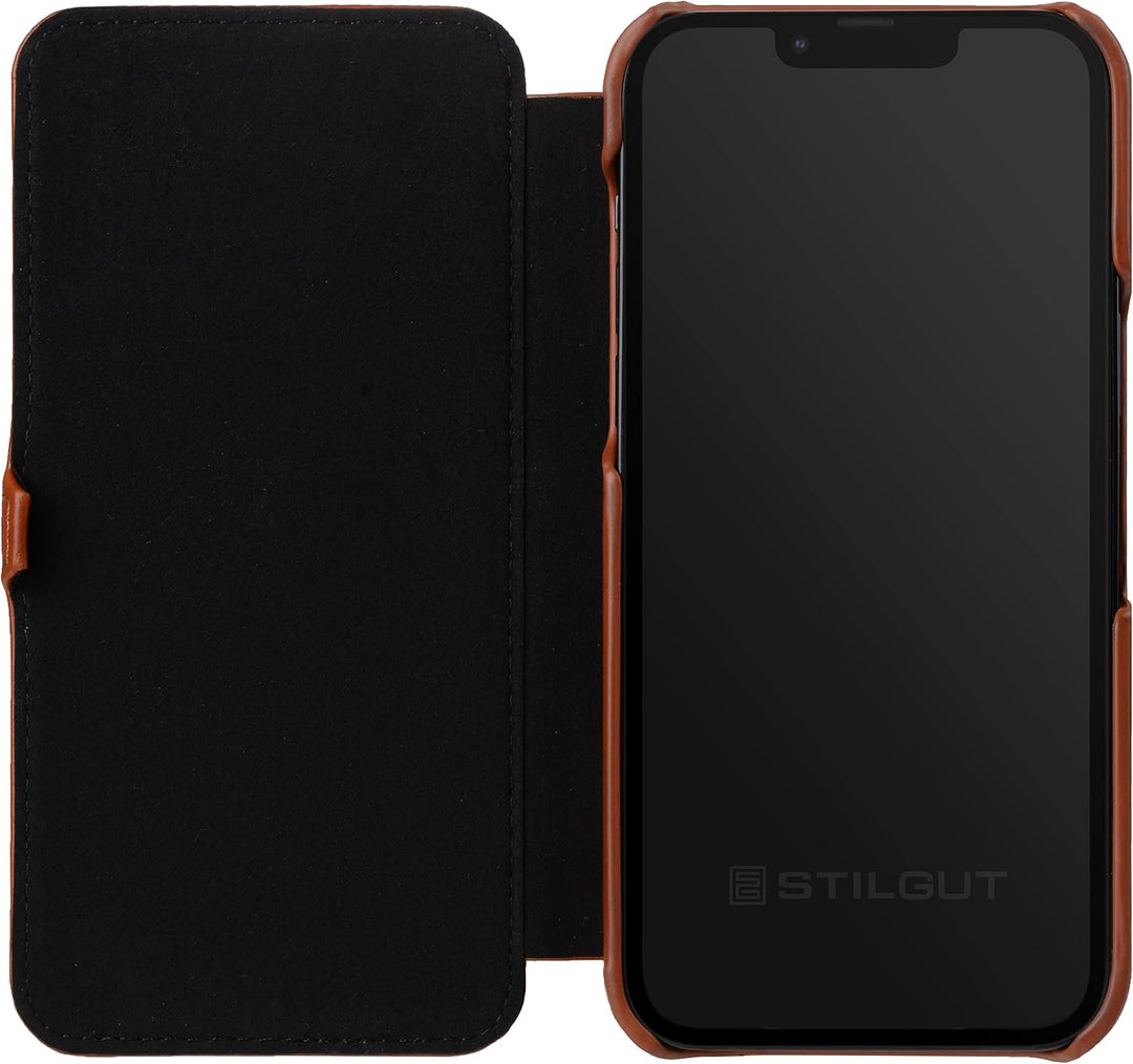 STILGUT Book Case kompatibel mit iPhone 14 (6.1“) Hülle aus Leder mit Clip-Verschluss, Klapphülle, H