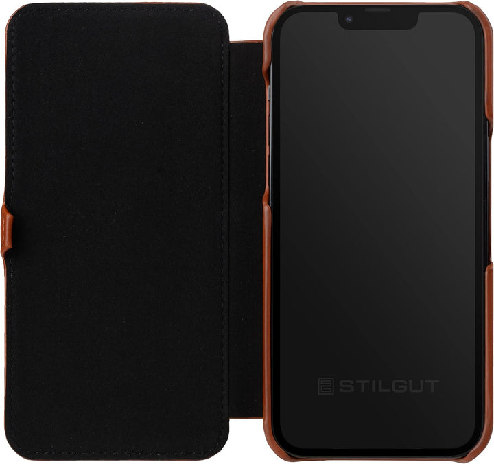 STILGUT Book Case kompatibel mit iPhone 14 (6.1“) Hülle aus Leder mit Clip-Verschluss, Klapphülle, H