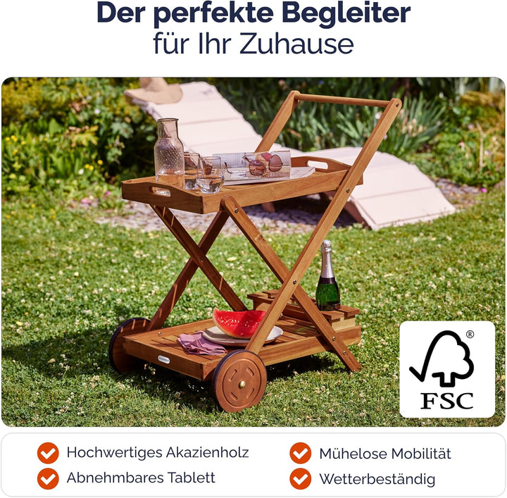 Casaria Servierwagen mit Rollen FSC®- zertifiziertes Akazien Holz 2 Ebenen Tablett Flaschenhalter Kü