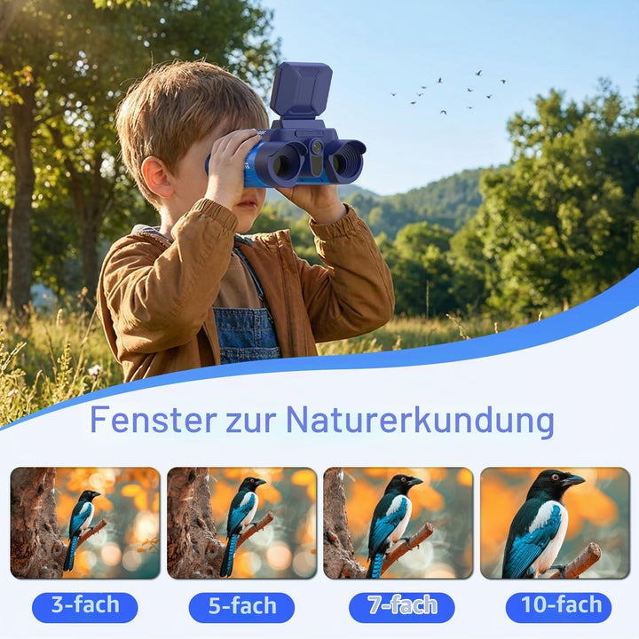 Kinder Fernglas 10x Zoom mit Kamera &amp; Nachtsicht – Blau | 25mm Okular, 2,4" Display, 48MP Fotos, 108