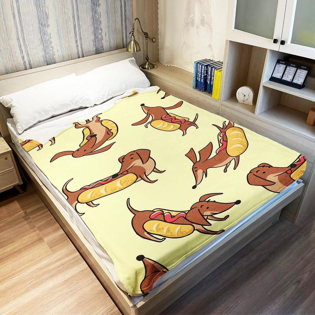 YISUMEI Kuscheldecke mit Dackel Hotdog Spass, Super weiches Fleece, Überwurfdecke für Bettwäsche Cou